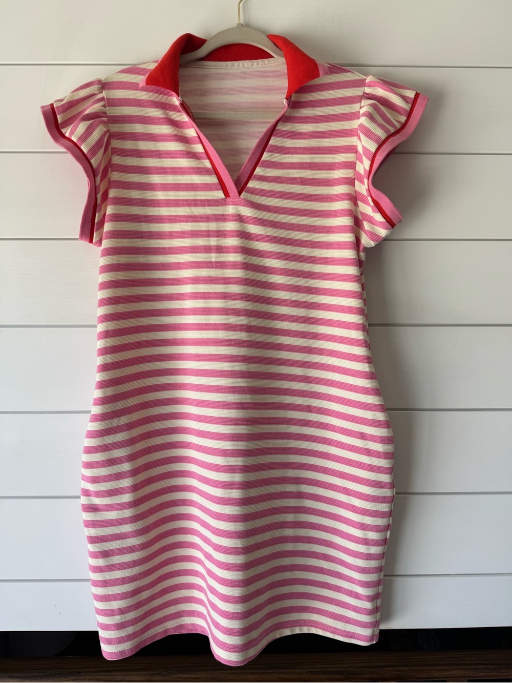 Amazon Pink and White Striped Mini Dress with Red Collar